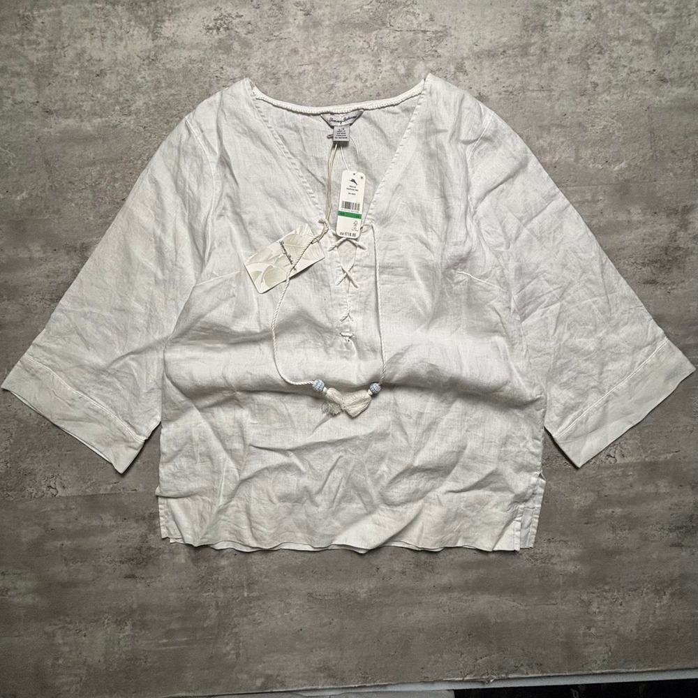 Tommy Bahama Coastalina Tunic Women Size Large White Linen Lace Up Shirt